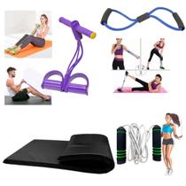Kit Treino Academia em Casa Colchonete + Elástico de tensão + Corda de Pular + Elástico de Pé