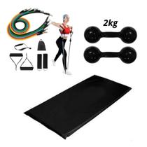 Kit Treino Academia Em Casa com Elástica 11 Peças + Halter Emborrachado 2kg Par + Colchonete