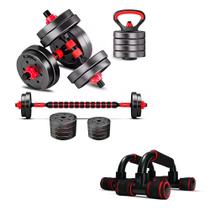 Kit Treino Anilhas Barras Halteres Kettlebell E Apoio Flexão