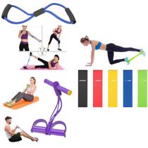 Kit Treino Em Casa 5 Mini Band + Elástico de Pé + Elástico de Tensão Confortável Malhação Em Casa