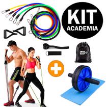 Kit Treino em Casa Elásticos Extensores 11 Peças Power Tube + Roda Abdominal Exercícios Lombar - Mbfit