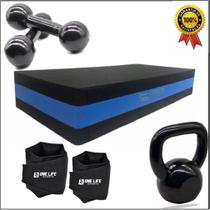 Kit Treino Em Casa - Kettlebel Emborrachado 4kg + Par Halter Emborrachado 2Kg + Step 60x28x10 + Par Caneleira 2Kg Kit Treino Em Casa - Kettlebel Emborrachado 4kg + Par Halter Emborrachado 2Kg + Step 60x28x10 + Par Caneleira 2Kg