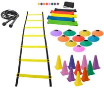 Kit Treino Funcional Agilidade 1 Escada com 7 Degraus 10 Cones 10 Chapéus Chinês + 1 Kit com 5 Faixa Mini Band + 1 Corda Ajustavel Pvc