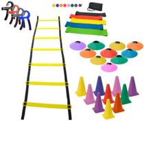 Kit Treino Funcional Agilidade Escada 10 Cones 10 Chapéu Chinês + Kit c/5 Faixa Mini Band + Hand Grip