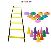 Kit Treino Funcional Agilidade Escada 10 Cones 10 Chapéus Chinês 1 Escada com 7 Degraus