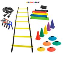 Kit Treino Funcional Agilidade Escada 5 Cones 5 Chapéu Chinês + Kit c/5 Faixa Mini Band + Corda Treino + Hand Grip