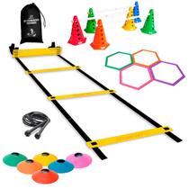 Kit Treino Futebol Agilidade Fucional 10 Chapeu Chines + 6 Cones Com Furo + 1 Escada + 4 Argolas Hexagonal de Agilidade + 1 Corda + 1 Mochila - Natural Fitness