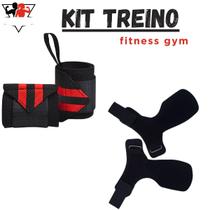 Kit Treino Luva Hand Grip Couro Legitimo Munhequeira Profissional Ajustavel Exercício Funcional e Academia