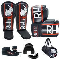 Kit Treino Muaythai Rhino com Luva + Caneleira + Bandagem + Bucal + Bolsa