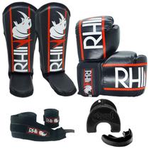 Kit Treino Muaythai Rhino com Luva + Caneleira + Bandagem + Bucal Kit Treino Muaythai Rhino com Luva + Caneleira + Bandagem + Bucal
