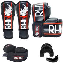 Kit Treino Muaythai Rhino com Luva + Caneleira + Bandagem + Bucal