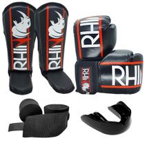 Kit Treino Muaythai Rhino com Luva + Caneleira + Bandagem + Bucal