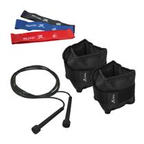 Kit Treino Muvin - Caneleira de Peso 0,5kg + Corda de Pular Ajustável 3,15 Metros + Mini Band 3 Tensões