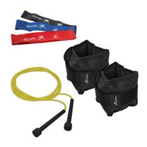 Kit Treino Muvin - Caneleira de Peso 0,5kg + Corda de Pular Ajustável 3,15 Metros + Mini Band 3 Tensões