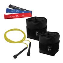 Kit Treino Muvin - Caneleira de Peso 2,0kg com Corda de Pular Ajustável 3,15 Metros e Mini Band 3 Tensões