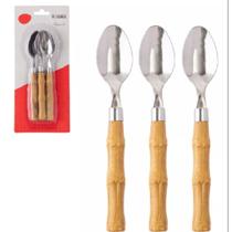 Kit tres colher de mesa em aco inox cabo bambu imitando madeira plastico