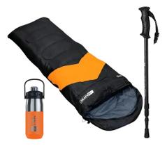 Kit Trilha Ntk Saco De Dormir Bastão E Garrafa Térmica Laranja