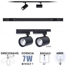 Kit trilho eletrificado 50cm + 2 spots 7w preto frio 6000k bivolt direcionavel