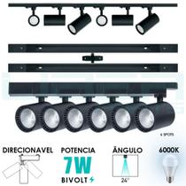 Kit trilho eletrificado sobrepor 2m + 6 spots led 7w direcionável Preto frio 6000k - MELO