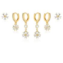 Kit Trio 3 Argolas Zirconia Cravejada Banhada Ouro 18k Luxo