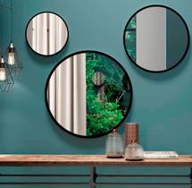 Kit Trio 3 Espelhos Decorativo Vidro Lapidado Redondo Suspenso Banheiro Sala Quarto Cozinha 30x40x50 Com Borda MDF - Papel e Parede