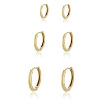 Kit Trio 3 Pares Brinco Argola 1 2 3 Furo Banhado Ouro 18k