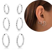 Kit Trio Argolas Redondas Prata 925 legitima 13mm/15mm/17mm