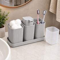Kit Trio Banheiro Canelado Cinza Claro Organizador Porta Sabonete, Porta Escovas, Porta Algodão e Bandeja