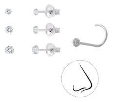 Kit Trio Brinco Pedra Zirconia C/ Piercing Nariz Prata Nar10