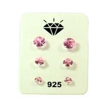 Kit Trio Brinco Prata 925 Pedra Zirconia Legitima Garantia Rosa