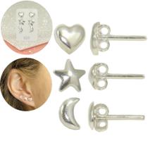 Kit Trio Brinco Prata Legitima 925 Estrela Coração Lua