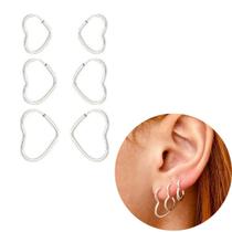 Kit trio brincos coração fio p/m/g prata legitima 925 3 furos Kit trio brincos coração fio p/m/g prata legitima 925 3 furos