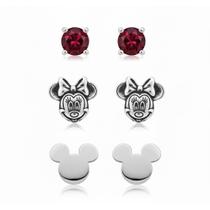 Kit Trio Brincos De Prata 925 Pedra Vermelha Minnie e Mickey