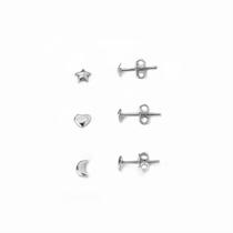 Kit Trio Brincos Estrela, Lua e coração Prata 925