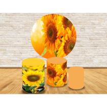 Kit Trio Capa Cilíndrica + Painel de Tecido Redondo Flores Girassol