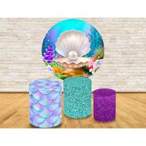 Kit Trio Capa Cilíndrica + Painel de Tecido Redondo Fundo do Mar Pérolas