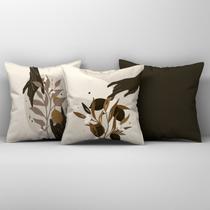 Kit Trio Capas de Almofadas Estampadas Folhas em Veludo Suede 45cm x 45cm Decoração para Sala