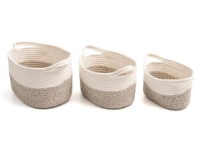 Kit Trio Cestos Organizador Decorativo Multiuso Fibra Algodão Natural Branco e Bege Oval Lavanderia