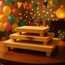 Kit Trio de Bandejas Banco Banquinho Retangular Decoração Festa Aniversário Doces Madeira