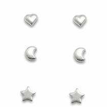 Kit Trio de Brincos Estrela Lua Coração Banhado a Prata Semijoia