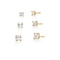 Kit Trio de Brincos Ponto de Luz Quadrado em cristal 8mm, 5mm e 4mm banhado em ouro 18k