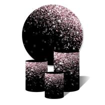 Kit Trio de Capas Cilindricas + Painel de Tecido Redondo Arte do kit Glitter Rosa com Fundo Preto - 150x150cm Kit Trio de Capas Cilindricas + Painel de Tecido Redondo Arte do kit Glitter Rosa com Fundo Preto - 150x150cm