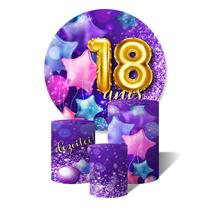 Kit Trio de Capas Cilíndricas + Painel Redond18 Anos Dourado Balões Estrelas Glitter Roxo Kit Trio de Capas Cilíndricas + Painel Redond18 Anos Dourado Balões Estrelas Glitter Roxo