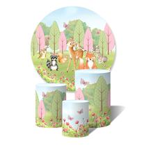 Kit Trio de Capas Cilíndricas + Painel Redondo Animais do Bosque Aquarela Flores e Borboletas Kit Trio de Capas Cilíndricas + Painel Redondo Animais do Bosque Aquarela Flores e Borboletas