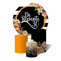 Kit Trio de Capas Cilíndricas + Painel Redondo De repente 30 Flores Laranja Glitter Brilho Kit Trio de Capas Cilíndricas + Painel Redondo De repente 30 Flores Laranja Glitter Brilho
