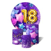 Kit Trio de Capas Cilíndricas + Painel Redondo Dezoitão 18 anos Dourado Balões Estrelas Glitter Roxo