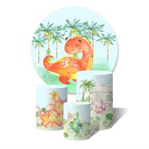 Kit Trio de Capas Cilíndricas + Painel Redondo Dino Laranja Cute Feliz coqueiros
