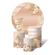 Kit Trio de Capas Cilíndricas + Painel Redondo Folhas e Flores Pampa Rose Gold