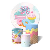 Kit Trio de Capas Cilíndricas + Painel Redondo Mundo Doce Bolos e Pirulitos Candy Color Granulado Colorido