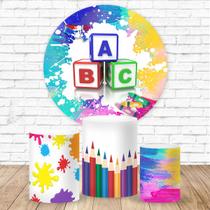 Kit Trio de Capas Cilindro + Painel Tema ABC Veste Fácil 3d Sublimado C/elástico Festa Aniversario Kit Trio de Capas Cilindro + Painel Tema ABC Veste Fácil 3d Sublimado C/elástico Festa Aniversario